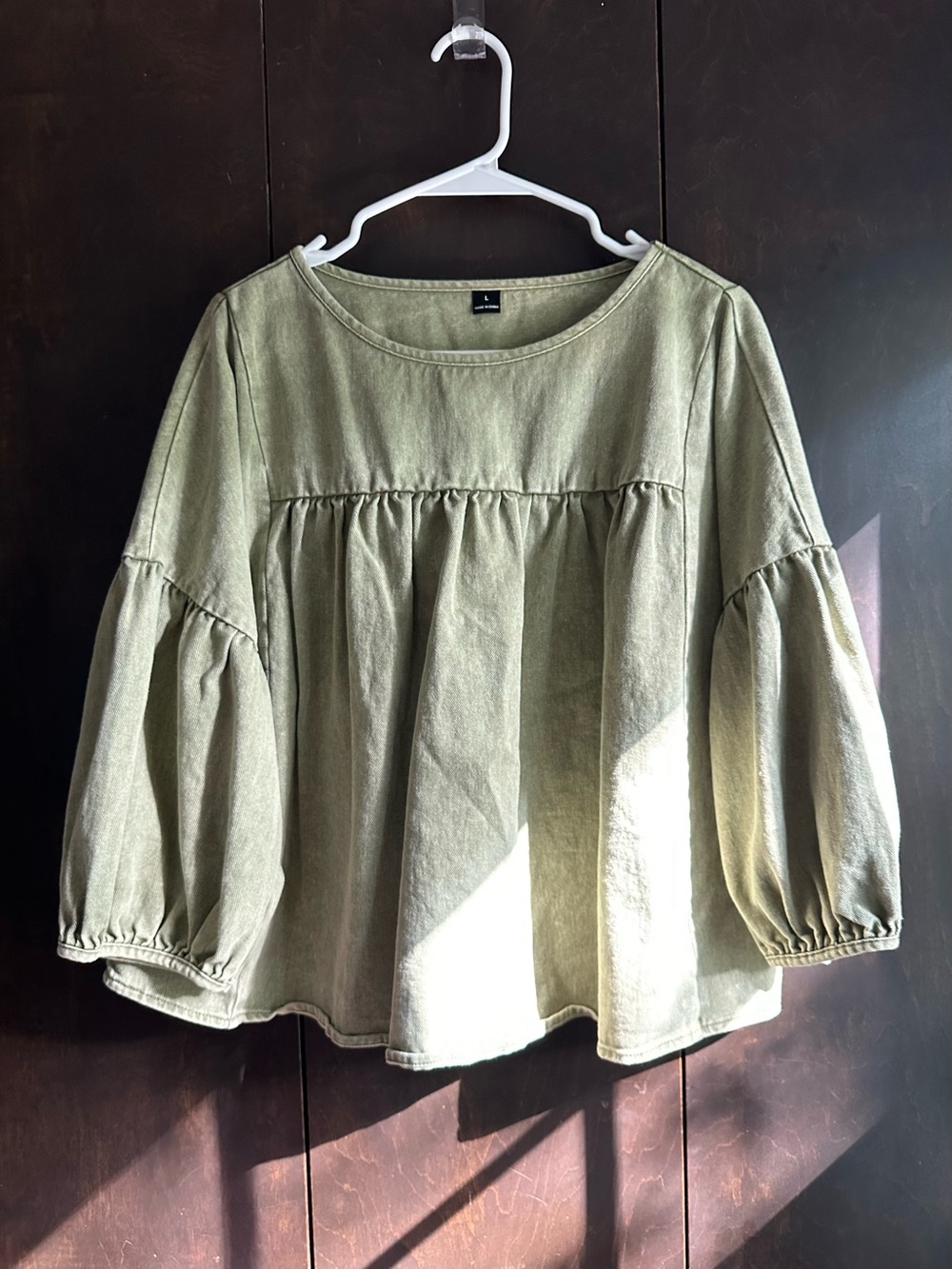 Relaxed Olive Green Peasant Top with Puff Sleeves
